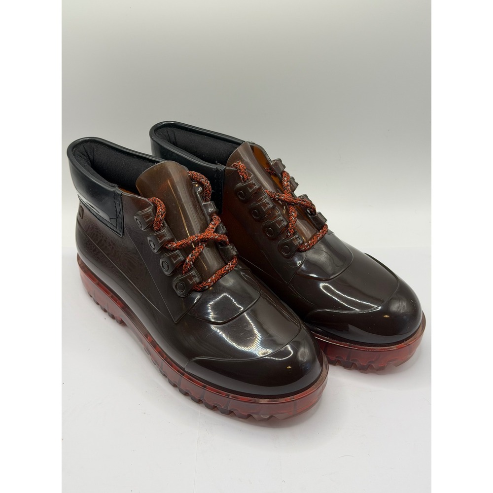 Melissa Jelly Ankle Boots Brown Red Translucent Lug Sole Lace Up US 6 EUR 37